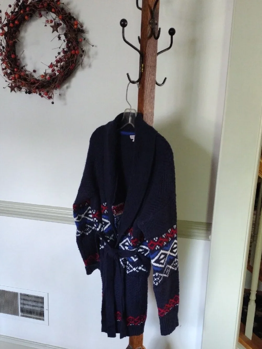 Merona Navy Shawl-Collar Cardigan with Nordic Accents And Sash XL